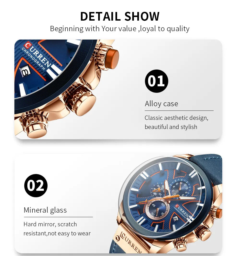 CURREN Top Luxury Brand Men's Military Waterproof Leather Sport Quartz Watches Chronograph Date Fashion Casual Men's Clock 8346