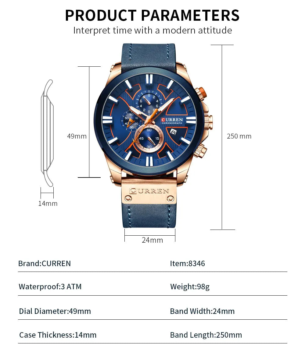 CURREN Top Luxury Brand Men's Military Waterproof Leather Sport Quartz Watches Chronograph Date Fashion Casual Men's Clock 8346