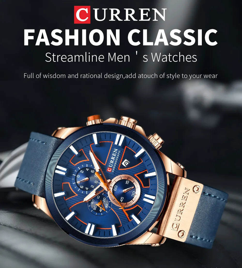 CURREN Top Luxury Brand Men's Military Waterproof Leather Sport Quartz Watches Chronograph Date Fashion Casual Men's Clock 8346