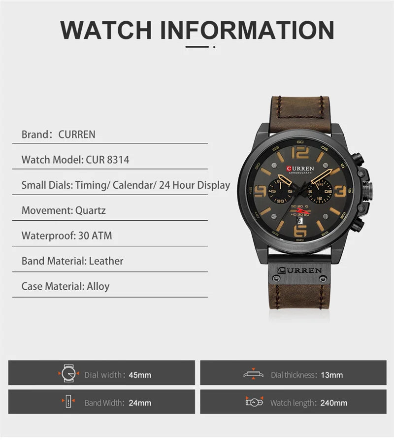 Curren 8314 Quartz Watch for Men Chronograph Sport Mens Watches Clock Leather Male Wristwatch Relogio Masculino Fashion Gift