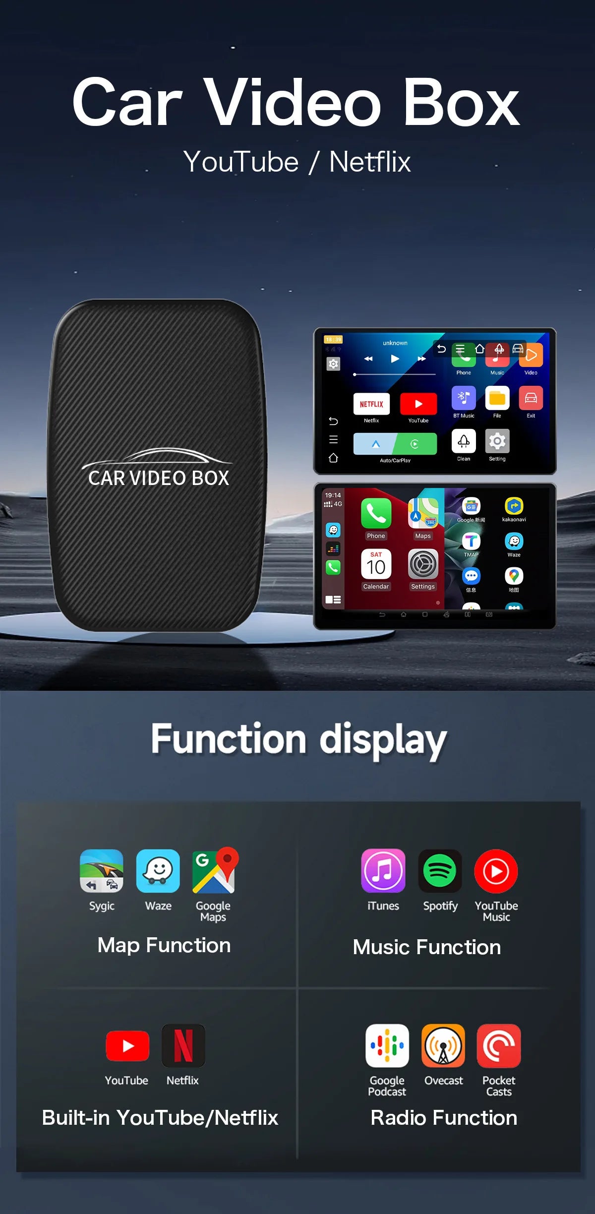 3in1 Car Video Box Wireless CarPlay Android Auto Adapter Android TV Box Bulit in Youtube Nexflit Smart Car Intelligent Systems