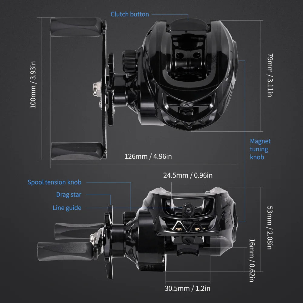 Fishing Reel Baitcasting Gear Ratio 7.2:1 Casting Reel Right / Left Handed 12LB Max Drag For Outdoor Freshwater Saltwater