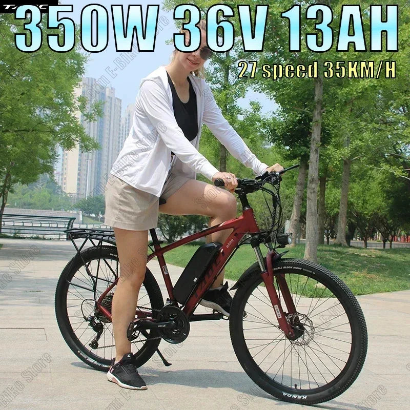 AKEZ Adult Mountain Electric Bicycle 350W Motor 36V13AH Battery 27-speed Urban E-Bike 26-inch Thin Tire 35KM/H Commuting E-bike