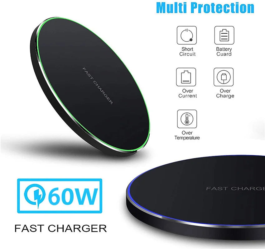 60W Fast Wireless Charger Pad for iPhone 14 13 16 15 Pro Max Samsung Galaxy S22 S21 S23 S10 S9 Xiaomi Wireless Charging Station