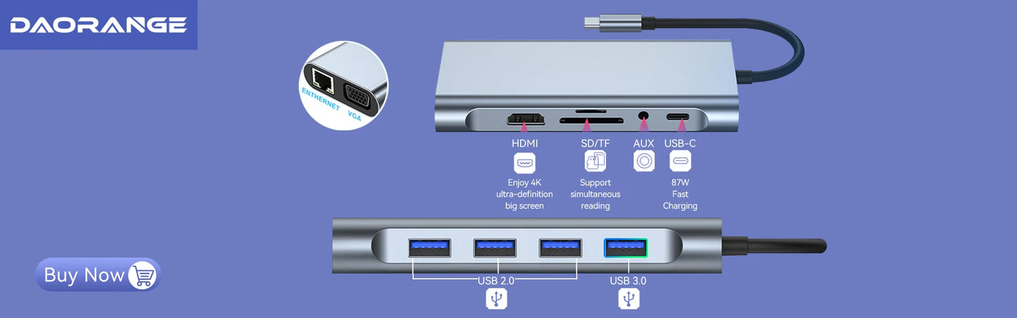 11 in 1 USB C 3.0 Hub Type C Laptop Adapter to 4K HDMI-Compatible VGA RJ45 Lan Ethernet SD/TF Card 87W PD Dock Station Splitter