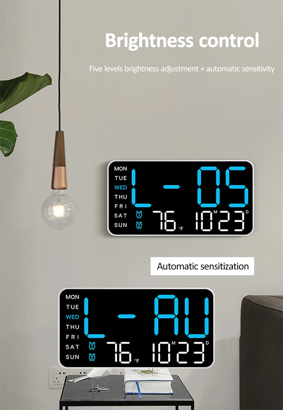 Large Digital Wall Clock Temp Date Week Display Remote Control USB Powered Table Clock Wall-mounted Dual Alarms LED Clocks