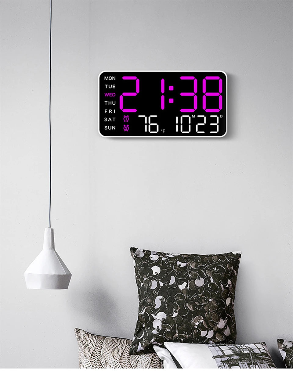 Large Digital Wall Clock Temp Date Week Display Remote Control USB Powered Table Clock Wall-mounted Dual Alarms LED Clocks