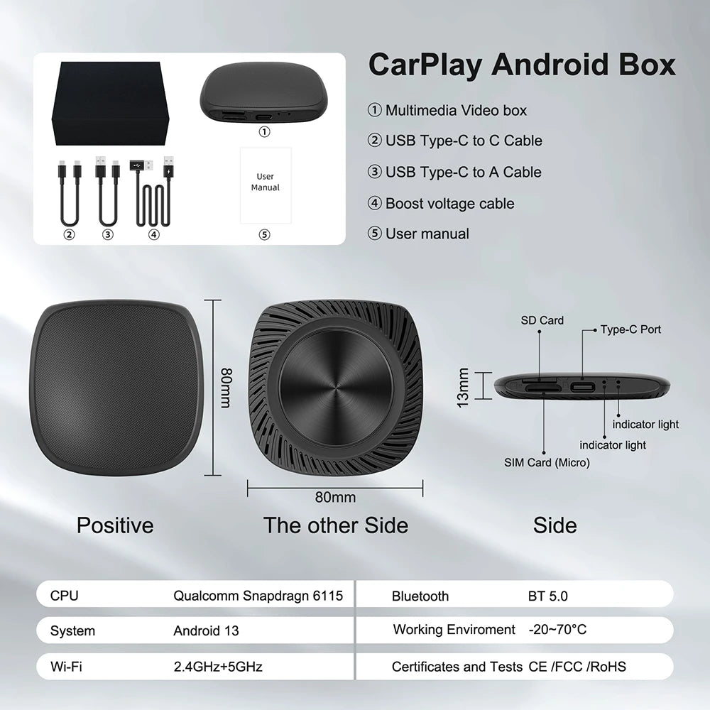 2024 Android 13 Smart CarPlay Ai Box Wired To Wireless CarPlay Wireless Android Auto For Netflix For YouTube GPS 5GWiFi