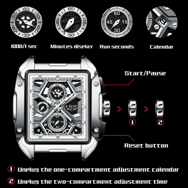 2023 New Top LIGE Brand Luxury Men Watch Business Square Watch Men Casual Sport Quartz Chronograph Clock Male Waterproof Watches