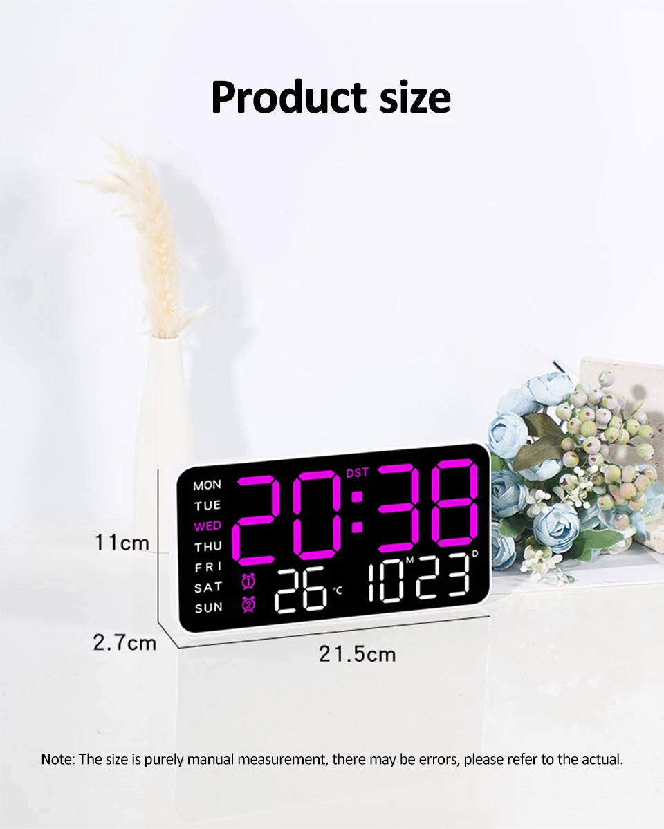 Large Digital Wall Clock Temp Date Week Display Remote Control USB Powered Table Clock Wall-mounted Dual Alarms LED Clocks