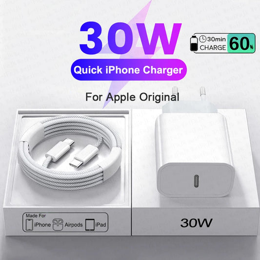 For Apple Original PD 30W Type C Quick Charger For iPhone 15 14 13 12 11 Pro Max Mini X XS XR 8 Plus Fast Charging iPhone Cable