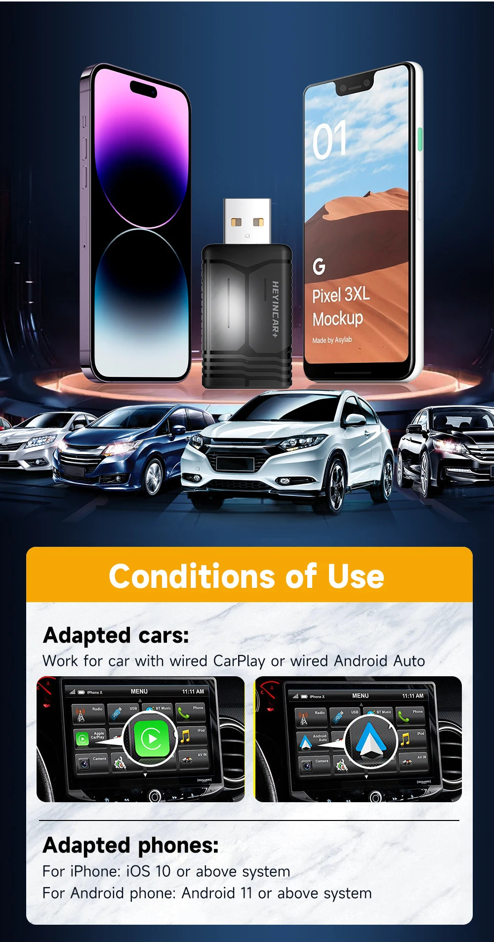 2024 HEYINCAR 2in1 Wireless Android Auto Adapter  Carplay Smart Dongle Plug and Play For  Kia Volvo Audi MG Opel VW Hyundai Jeep