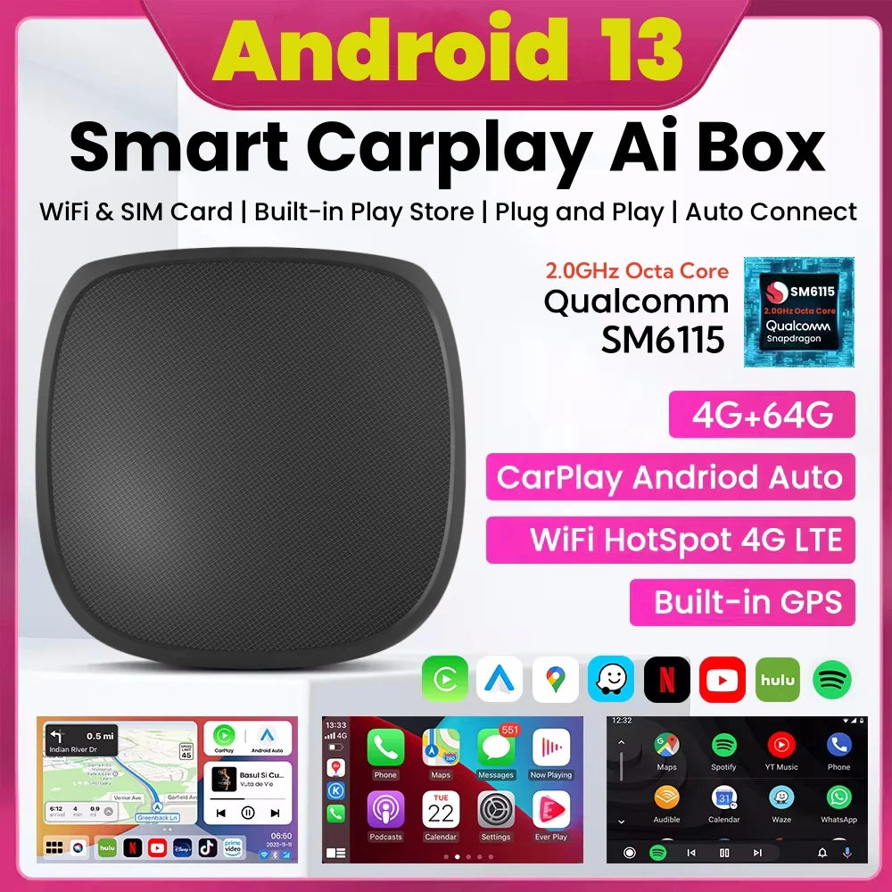 2024 Android 13 Smart CarPlay Ai Box Wired To Wireless CarPlay Wireless Android Auto For Netflix For YouTube GPS 5GWiFi