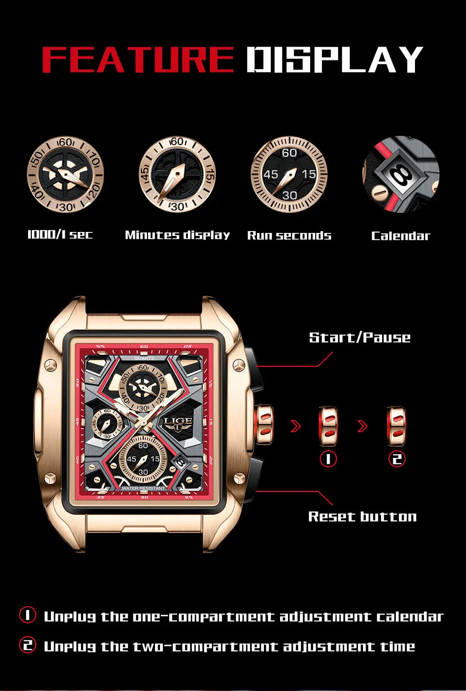 2023 New Top LIGE Brand Luxury Men Watch Business Square Watch Men Casual Sport Quartz Chronograph Clock Male Waterproof Watches